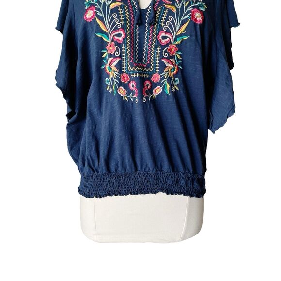 Ranna Gill Enesta Top M Blue Embroidery Floral Flutter Sleeve Boho Anthropologie - Picture 3 of 8